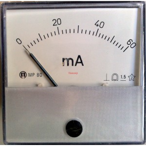 Амперметър  0-60mA DC МР80  аналогов  панелен 80x80mm