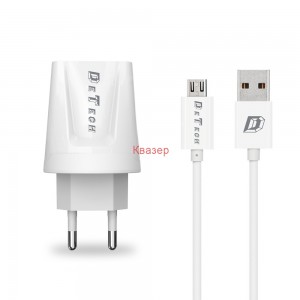 Мрежово зарядно устройство, DeTech, DE-01M, 5V/2.1A, 220V,2 x USB, С Micro USB кабел, 1.0m, Бяло