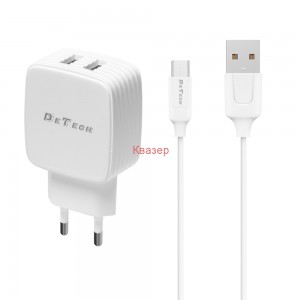 Мрежово зарядно устройство DeTech DE-33M, 5V/2.4A, 220V,2 x USB, С Micro USB кабел, 1.0m