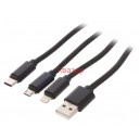 Кабел за зареждане USB A мъжки към Apple Lightning + USB Type-C + Micro USB, 1м черен