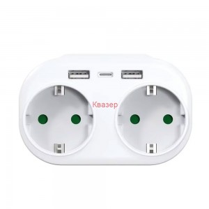 Разклонител 2 гнезда, 250V, 16A, за контакт, без кабел, бял, 2 x USB F, 1 х USB-C