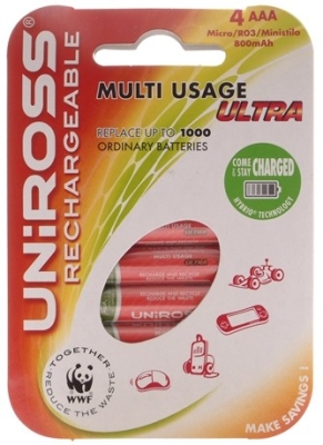 Акумулаторни батерии UNIROSS HYBRIO R03 AAA 1.2V 800mAh NiMH 4бр.