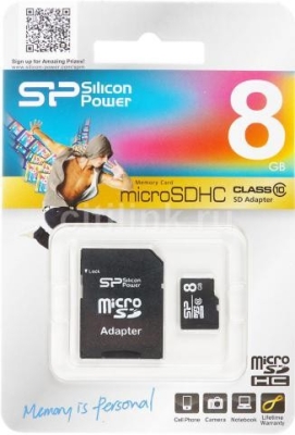 micro SD Card (SDHC) 8GB class 10 с SD адаптер Silicon Power