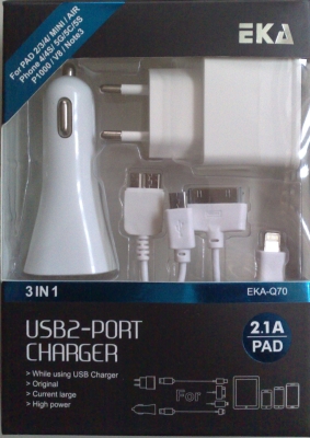 EKA-Q70 универсално USB захранване 2.1A с 2 порта + кабели