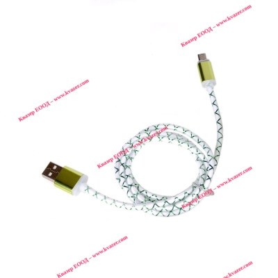 Кабел USB - micro USB , силиконов, зелен, светещи синьо конектори, 1m