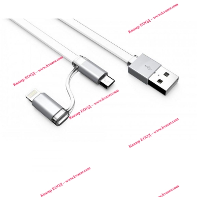 Кабел за данни, LDNIO LC84, 2 в 1, Micro USB + Lightning (iPhone 5/6/7/SE), 1.0m, С оплетка, Бял