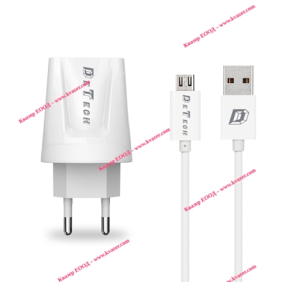 Мрежово зарядно устройство, DeTech, DE-01M, 5V/2.1A, 220V,2 x USB, С Micro USB кабел, 1.0m, Бяло