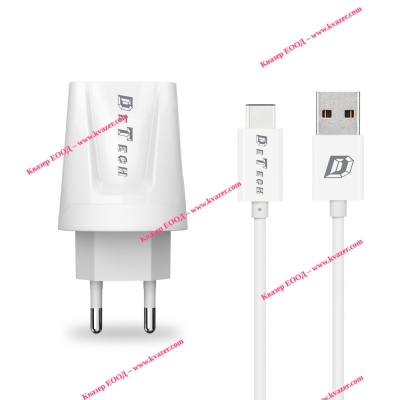 Мрежово зарядно устройство, DeTech, DE-01C, 5V/2.1A, 220V,2 x USB, С Type-C кабел, 1.0m, Бяло