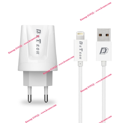 Мрежово зарядно устройство, DeTech, DE-01i, 5V/2.1A, 220V,1 x USB, С Lightning кабел, 1.0m, Бяло