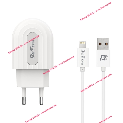 Мрежово зарядно устройство DeTech DE-28i, 5V/2.1A, 220V,1 x USB, С Lightning кабел, 1.0m