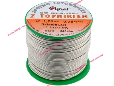 ТИНОЛ Sn99,3Cu0,7 ф1mm 250гр безоловни 240°C 3%/ SN99C-1.0/0.25