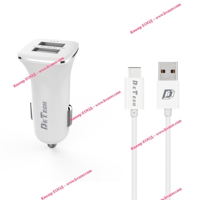 Зарядно устройство за кола DeTech, DE-C01C, 5V/2.4A, 12/24V, С Type-C кабел, 2 x USB