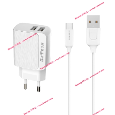 Мрежово зарядно устройство DeTech DE-09M, 5V/2.4A, 220V,2 x USB, С Micro USB кабел, 1.0m, Бяло