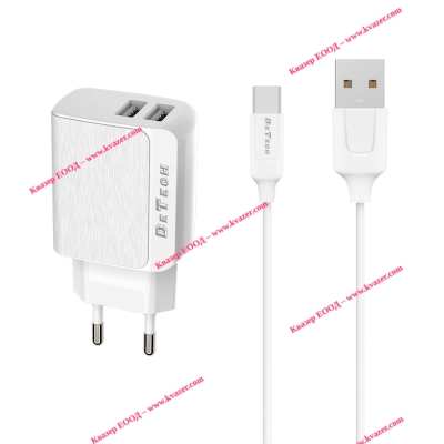 Мрежово зарядно устройство, DeTech, DE-09C, 5V/2.4A, 220V, 2 x USB, С Type-C кабел, 1.0m, Бяло