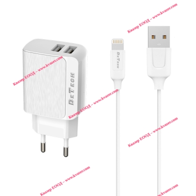 Мрежово зарядно устройство DeTech DE-09i, 5V/2.4A, 220V, 2 x USB, С Lightning кабел, 1.0m, Бяло