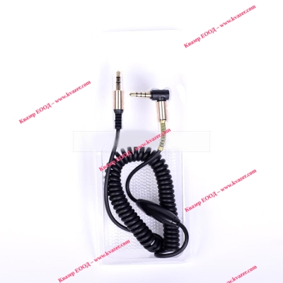 AUX кабел с микрофон, Stereo Jack 3.5mm, 90 градуса, позлатени конектори, спирала, черен, 1 метър