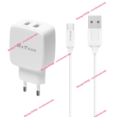 Мрежово зарядно устройство DeTech DE-33M, 5V/2.4A, 220V,2 x USB, С Micro USB кабел, 1.0m