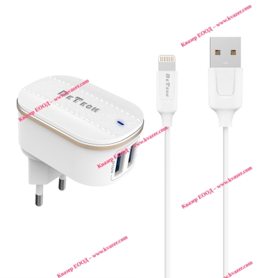 Мрежово зарядно устройство, DeTech DE-15i, 5V/3.1A, 220V, 2 x USB, С Lightning кабел, 1.0m