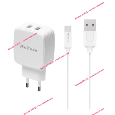 Мрежово зарядно устройство, DeTech, DE-33C, 5V/2.4A, 220V, 2 x USB, Type-C кабел , 1.0m