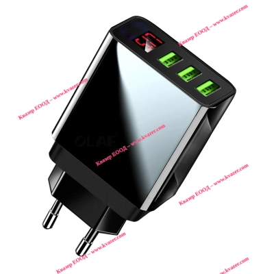 3xUSB Зарядно устройство 220V, 3.1A, бързо с цифров волтметър/амперметър