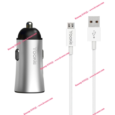 2xUSB Зарядно устройство за кола Yookie PC1, 5V/2.4A, 12/24V, кабел Micro USB