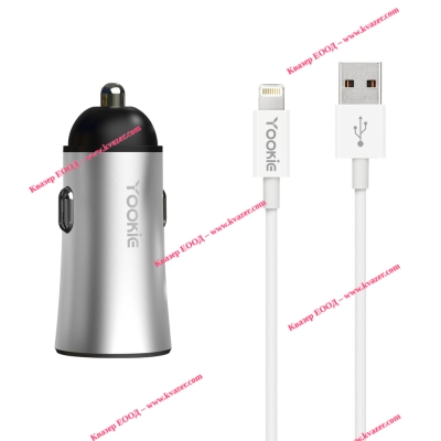 2xUSB Зарядно устройство за кола Yookie PC1, 5V/2.4A, 12/24V, кабел Lightning