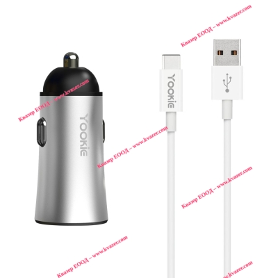 2xUSB Зарядно устройство за кола Yookie PC1, 5V/2.4A, 12/24V, кабел Type-C