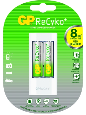 Зарядно устройство за батерии + 2бр батерии NiMH 1.2 V AA/R6 2000mAh GP RECYKO
