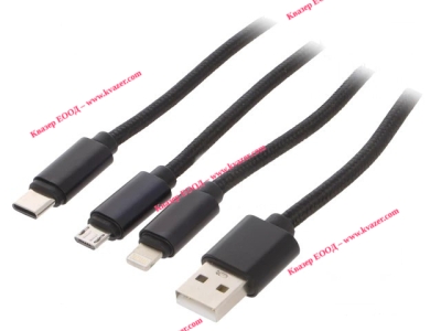 Кабел за зареждане USB A мъжки към Apple Lightning + USB Type-C + Micro USB, 1м черен