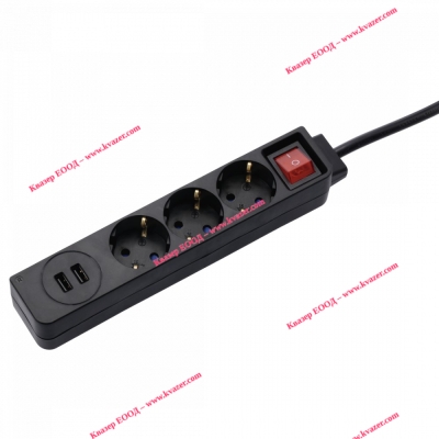 Разклонител HAMA 3 гнезда тип шуко с кабел, ключ, USB 3.4A, 1.4м