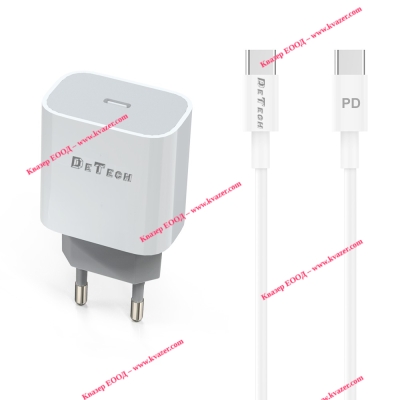 Мрежово зарядно устройство DeTech DE-30PD, 5V/3.0A 220V, 1 x Type-C F, PD, с кабел Type-C