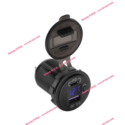Зарядно за кола USB+USB тип C с Quick Charge, Power Delivery и волтметър