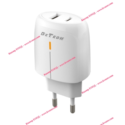Мрежово зарядно устройство DeTech DE-31, 20W, 1 x Type-C F, 1 x USB F, PD, QC