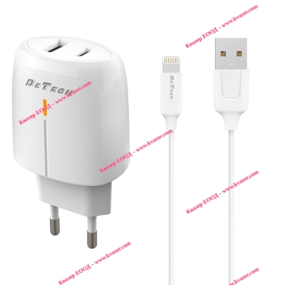 Мрежово зарядно устройство DeTech DE-31i, 20W, с Lightning кабел, 1xType-C F, 1xUSB