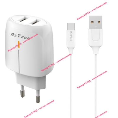 Мрежово зарядно устройство DeTech DE-32QCC, 18W, с Type-C кабел, 2xUSB