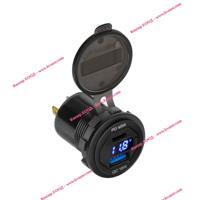USB + USB Type C зарядно за кола с функция Quick Charge, Power Delivery и волтметър 63W