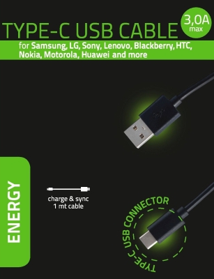 Кабел универсален USB-A към USB Type-C дължина 1m. Черен