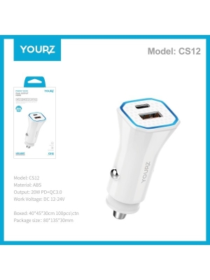 Зарядно за телефон YOURZ CS12 12V/24V, 20W PD+QC3.0 USB-A + Type C