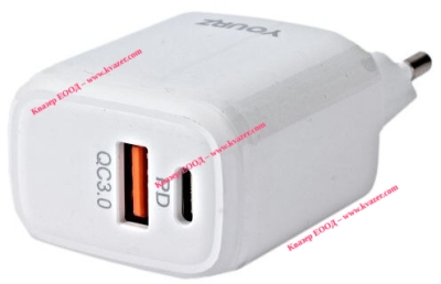 Зарядно за телефон YOURZ Z7, AC100-240V, USB-A и TYPE-C поддържа QC3.0 и PD20W