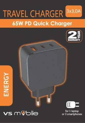 Бързо зарядно устройство VS Mobile - 100-240V 1xUSB-A 3.0A + 1xUSB Type-C 3.0A 65W PD, без кабел