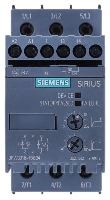 3RW3018-1BB04 SIEMENS SIRIUS soft starter S00 17.6A, 7.5 kW/400V 200-480V AC, 24V AC/DC