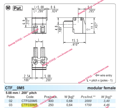 КЛЕМА CTF030M5 3pin pitch 5.08mm SAURO