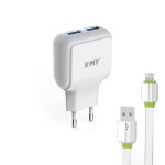 Мрежово зарядно устройство EMY MY-220 5V 2.4A, Универсално, 2 x USB, С кабел за iPhone 5/6/7, Бял