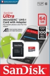 Карта памет SANDISK Ultra micro SDXC 64GB UHS-I, A1, SD Адаптер, Class 10,100Mb/s