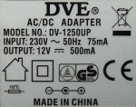 Захранващ адаптер DV-1250UP 12VDC/500mA с еврощепсел и кабел с букса 2.1x5.5x9mm