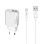 Мрежово зарядно устройство, DeTech, DE-09C, 5V/2.4A, 220V, 2 x USB, С Type-C кабел, 1.0m, Бяло