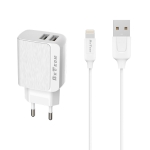 Мрежово зарядно устройство DeTech DE-09i, 5V/2.4A, 220V, 2 x USB, С Lightning кабел, 1.0m, Бяло