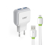 Мрежово зарядно устройство EMY MY-220 5V 2.4A, Универсално, 2 x USB + Type-C кабел, Бяло