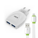 Мрежово зарядно устройство, EMY MY-221, 5V 2.1A, Универсално, 2 x USB, С Micro USB кабел