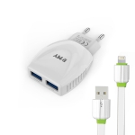 Мрежово зарядно устройство, EMY MY-221, 5V 2.1A, Универсално, 2 x USB, С кабел за iPhone 5/6/7